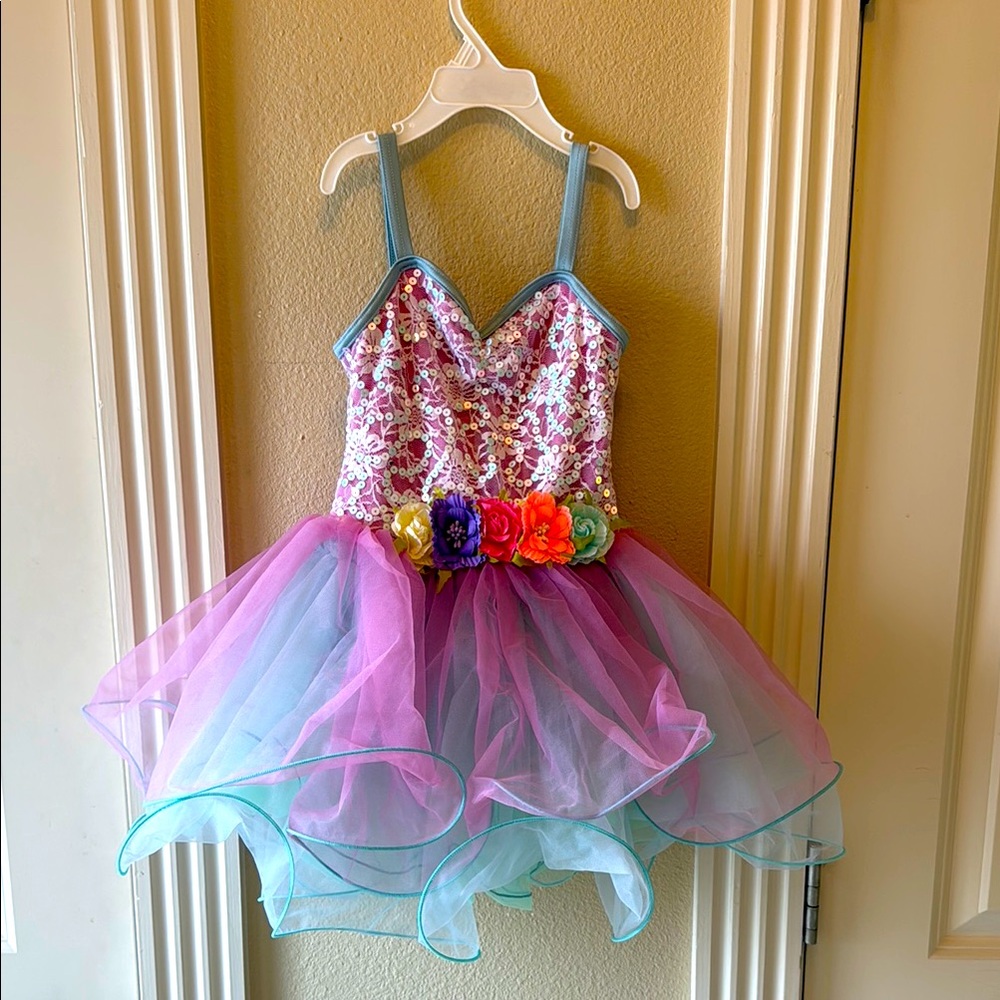 Girls Pink & Teal Sequin Flower Tutu Costume